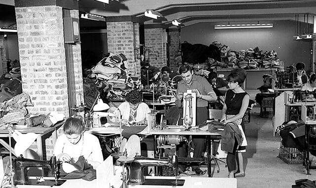 Women sewing at garment factory; Thanet; Kent. 1964
