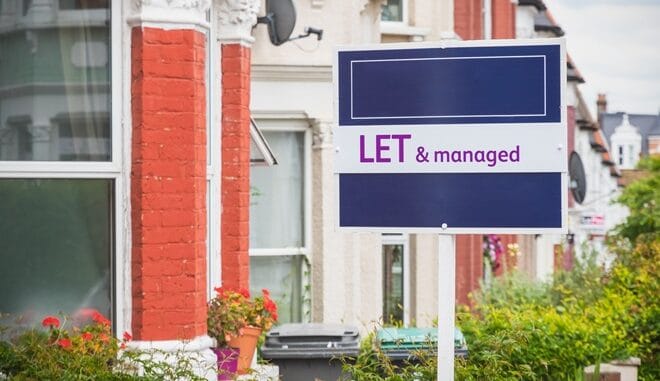 Let and managed sign displayed outside a terraced house in Harringay Ladder area, London